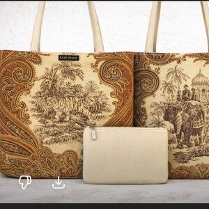 Kate Spade  Vintage Safari Toile Canvas Tote Tiger Elephant Print + Pouch Rare